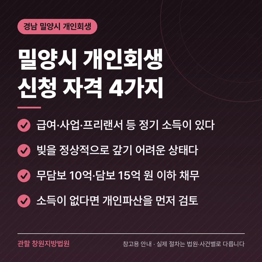 경남 밀양시 개인회생 신청 자격 4가지 경남 밀양시 개인회생 신청 자격 4가지
