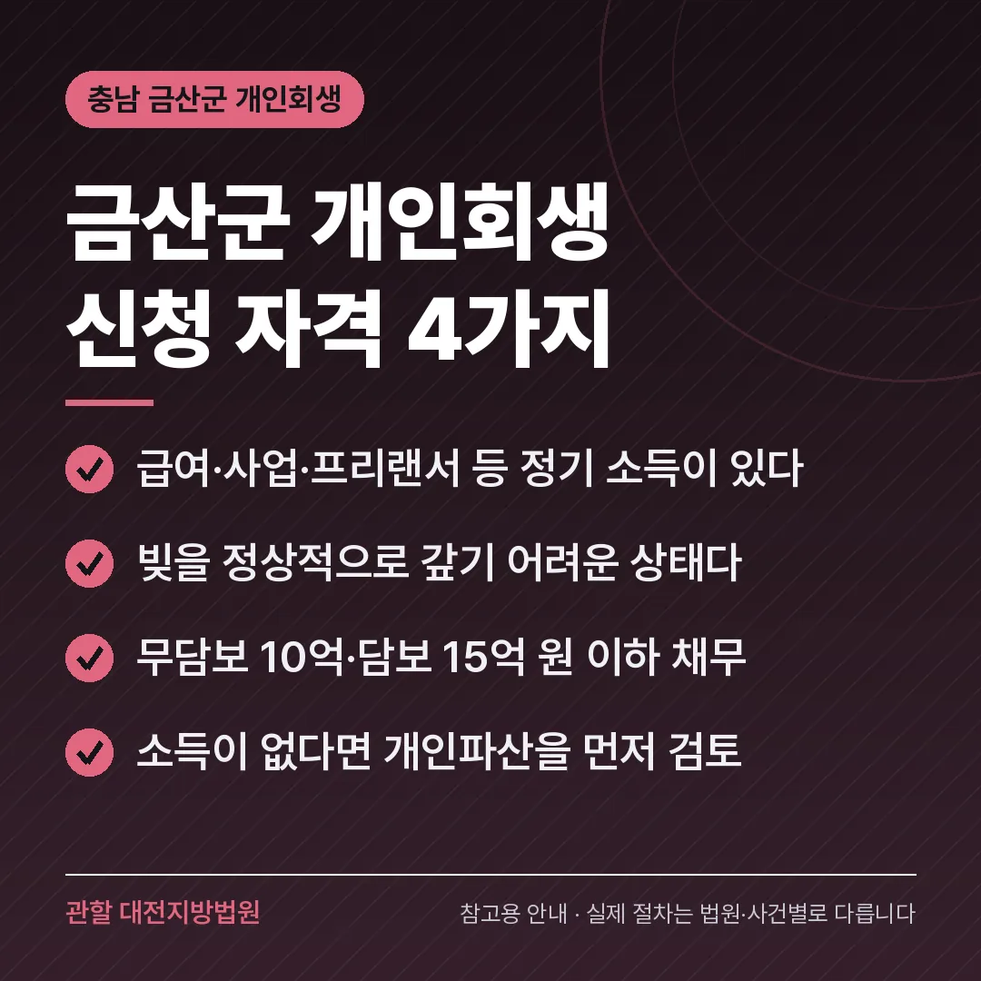 충남 금산군 개인회생 신청 자격 4가지 충남 금산군 개인회생 신청 자격 4가지