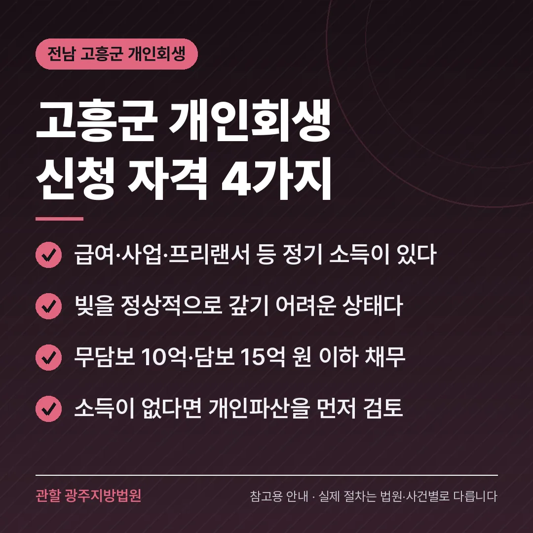 전남 고흥군 개인회생 신청 자격 4가지 전남 고흥군 개인회생 신청 자격 4가지